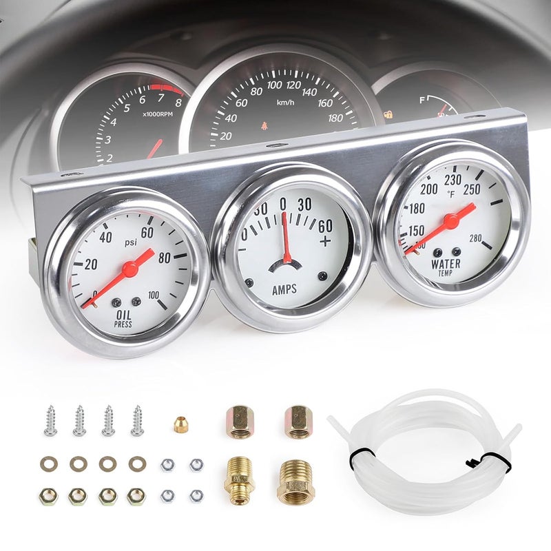 ANDO RACING 2" 52 mm 3 in 1 Car Meter Triple Gauge Kit Oil Pressure Gauge AMP Meter Water Temperature Gauge AMP Set White Face 12V Car Meter - Image 1